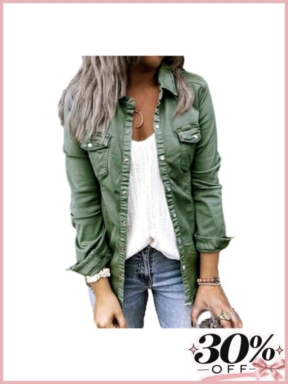 Oversized Denim Button-Down Shirt Ruffle V-Neck Long Sleeve
